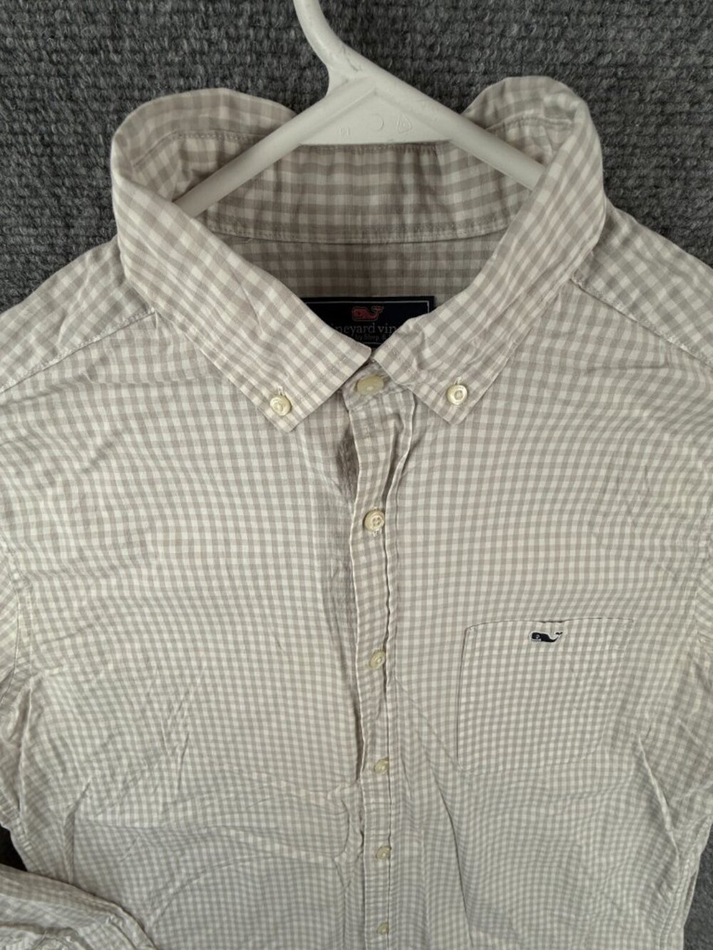Vineyard Vines Classic Fit Tucker Shirt M Button Up Check Gray Beige Spandex